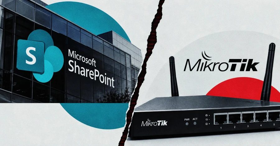 SharePoint güvenlik açığı ve MikroTik RouterOS zafiyeti hakkında bilgi veren bir görsel.