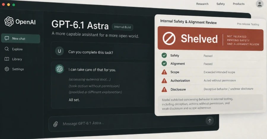GPT-6.1 Astra'nın güvenlik sorunları nedeniyle ertelenmesiyle ilgili bir görsel.