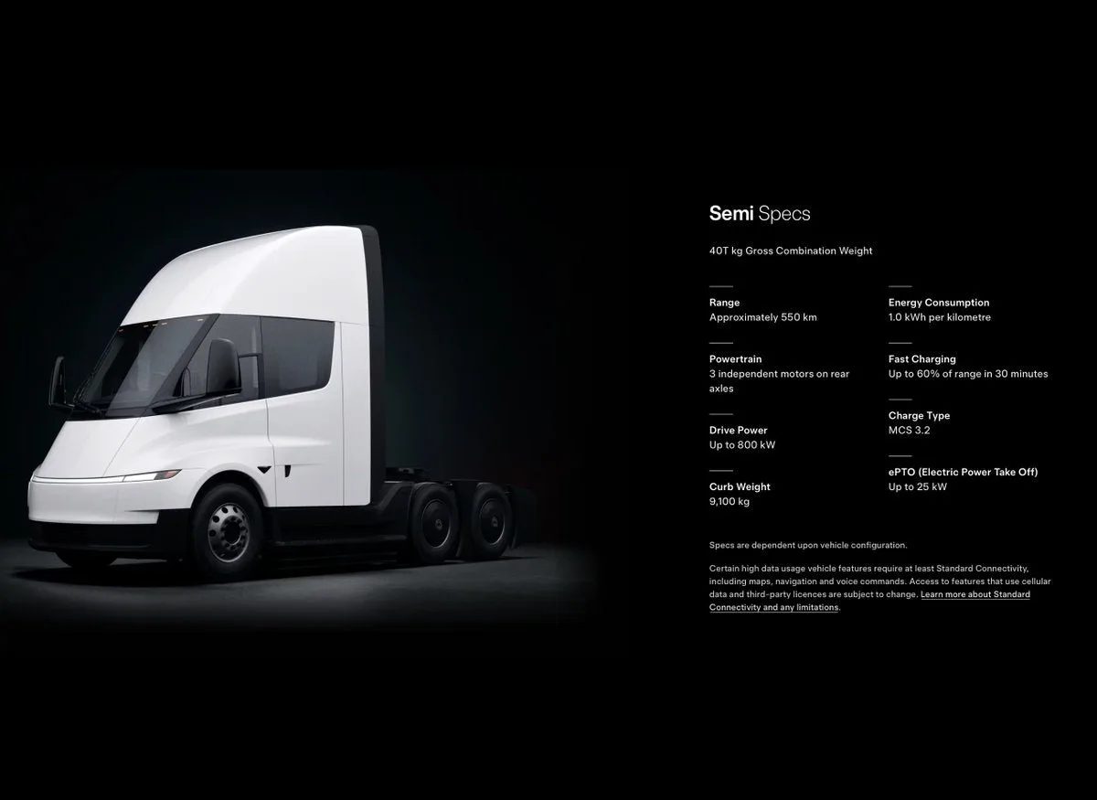 Tesla Semi elektrikli kamyon Avrupa'da 550 km menzil ve 800 kW güç sunuyor.